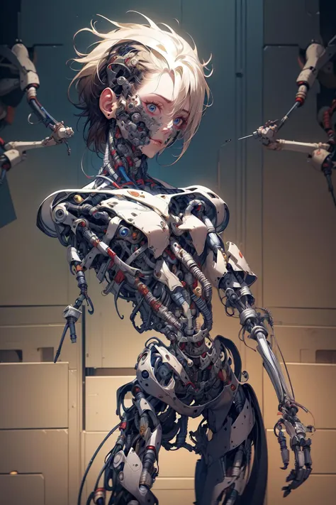 breathtaking full shot, full body, broken, (hacked arm:1.4), facing viewer, (looking at viewer:1.4), dynamic pose, <lora:reelmech1v2:1> reelmech, (mechanical parts:1.5), missing parts, dirty, leaking oil, (damaged:1.3), <lora:1mechabare:1>, damaged_skin face, damaged_skin eye socket, damaged_skin cheek,, masterpiece, award-winning, professional, highly detailed