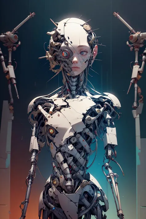 breathtaking full shot:, full body, broken down, (hacked arm:1.4), facing viewer, (looking at viewer:1.4), dynamic pose,  <lora:reelmech1v2:1> reelmech, (mechanical parts:1.5), missing parts, dirty, stained, leaking oil, (damaged:1.3), <lora:1mechabare:1>, damaged_skin face, damaged_skin  eye socket, damaged_skin cheek, falling apart <lora:cyborgbot:0.4> robot, masterpiece, award-winning, professional, highly detailed