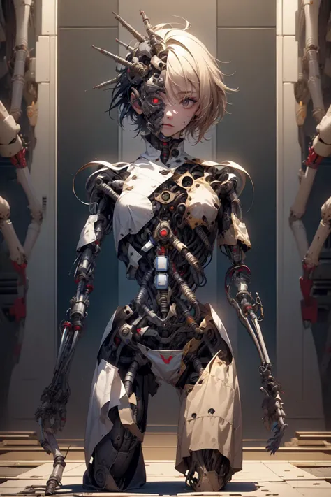 breathtaking full shot, full body, broken, (hacked arm:1.4), facing viewer, (looking at viewer:1.4), dynamic pose, <lora:reelmech1v2:1> reelmech, (mechanical parts:1.5), missing parts, dirty, leaking oil, (damaged:1.3), <lora:1mechabare:1> <lora:wrenchsmechs:0.3> wrenchsmechs, glowing blue mecha, damaged_skin face, damaged_skin eye socket, damaged_skin cheek, damaged_skin pelvis, masterpiece, award-winning, professional, highly detailed