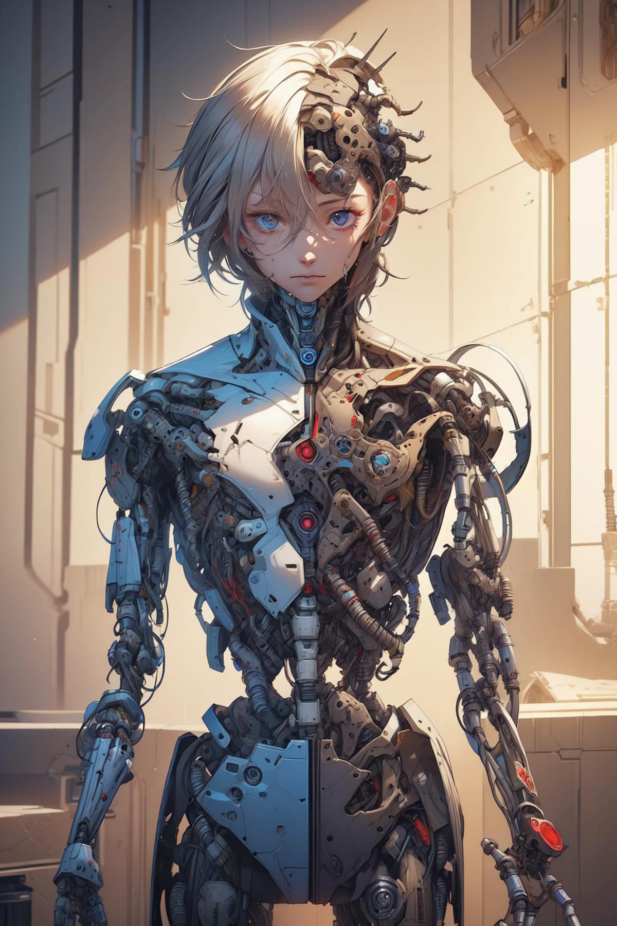 breathtaking broken, (hacked arm:1.4), missing arm, looking at viewer, dynamic pose, <lora:reelmech1v2:1> reelmech, (mechanical parts:1.5), missing parts, leaking oil, damaged <lora:1mechabare:1> <lora:wrenchsmechs:0.3> wrenchsmechs, glowing blue mecha, empty head, empty body, empty shell, masterpiece, award-winning, professional, highly detailed