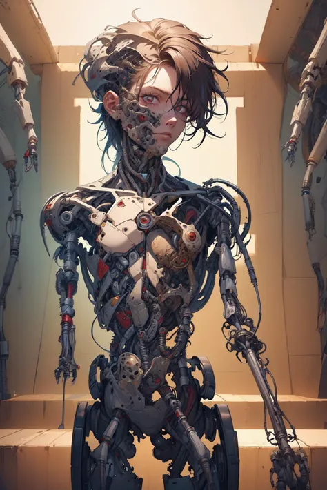breathtaking full shot, full body, broken, (hacked arm:1.4), facing viewer, (looking at viewer:1.4), dynamic pose, <lora:reelmech1v2:1> reelmech, (mechanical parts:1.5), missing parts, dirty, leaking oil, (damaged:1.3), <lora:1mechabare:1>, damaged_skin face, damaged_skin eye socket, damaged_skin cheek,, masterpiece, award-winning, professional, highly detailed