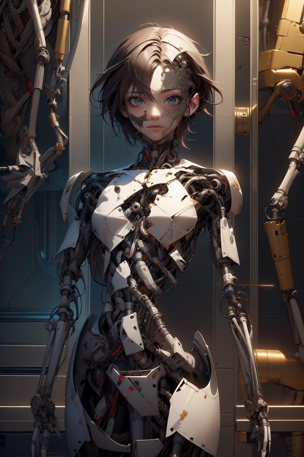 breathtaking full shot, full body, broken, (hacked arm:1.4), facing viewer, (looking at viewer:1.4), dynamic pose, <lora:reelmech1v2:1> reelmech, (mechanical parts:1.5), missing parts, dirty, leaking oil, (damaged:1.3), <lora:1mechabare:1> <lora:wrenchsmechs:0.3> wrenchsmechs, glowing blue mecha, damaged_skin face, damaged_skin eye socket, damaged_skin cheek, damaged_skin pelvis, masterpiece, award-winning, professional, highly detailed