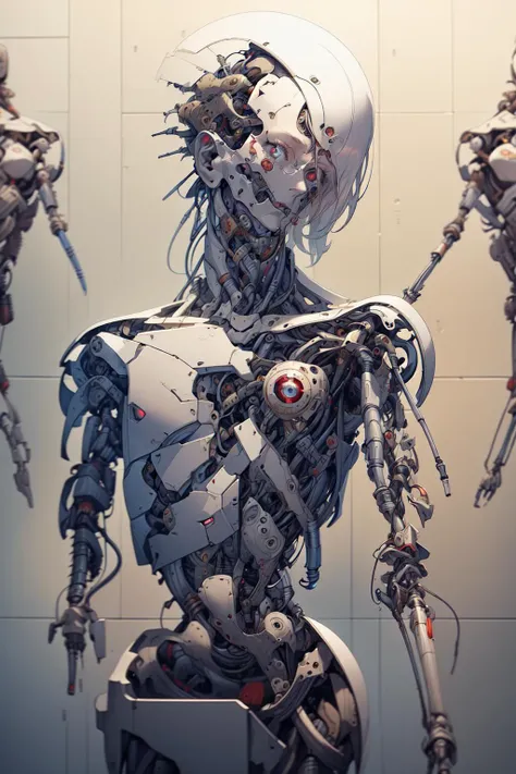 breathtaking full shot:, full body, broken down, (hacked arm:1.4), facing viewer, (looking at viewer:1.4), dynamic pose, <lora:reelmech1v2:1> reelmech, (mechanical parts:1.5), missing parts, dirty, stained, leaking oil, (damaged:1.3), <lora:1mechabare:1>, damaged_skin face, damaged_skin eye socket, damaged_skin cheek, falling apart <lora:cyborgbot:0.3> robot, masterpiece, award-winning, professional, highly detailed
