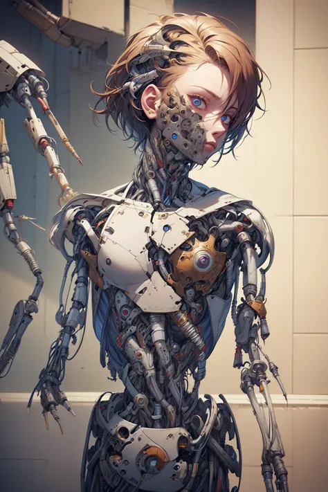 breathtaking full shot, full body, broken, (hacked arm:1.4), facing viewer, (looking at viewer:1.4), dynamic pose, <lora:reelmech1v2:1> reelmech, (mechanical parts:1.5), missing parts, dirty, leaking oil, (damaged:1.3), <lora:1mechabare:1>, damaged_skin face, damaged_skin eye socket, damaged_skin cheek,, masterpiece, award-winning, professional, highly detailed