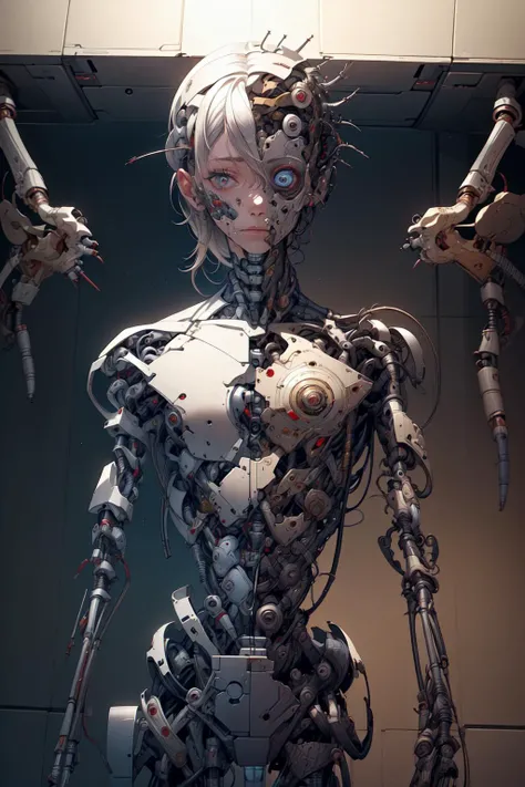breathtaking full shot:, full body, broken down, (hacked arm:1.4), facing viewer, (looking at viewer:1.4), dynamic pose, <lora:reelmech1v2:1> reelmech, (mechanical parts:1.5), missing parts, dirty, stained, leaking oil, (damaged:1.3), <lora:1mechabare:1>, damaged_skin face, damaged_skin eye socket, damaged_skin cheek, falling apart <lora:cyborgbot:0.3> robot, masterpiece, award-winning, professional, highly detailed