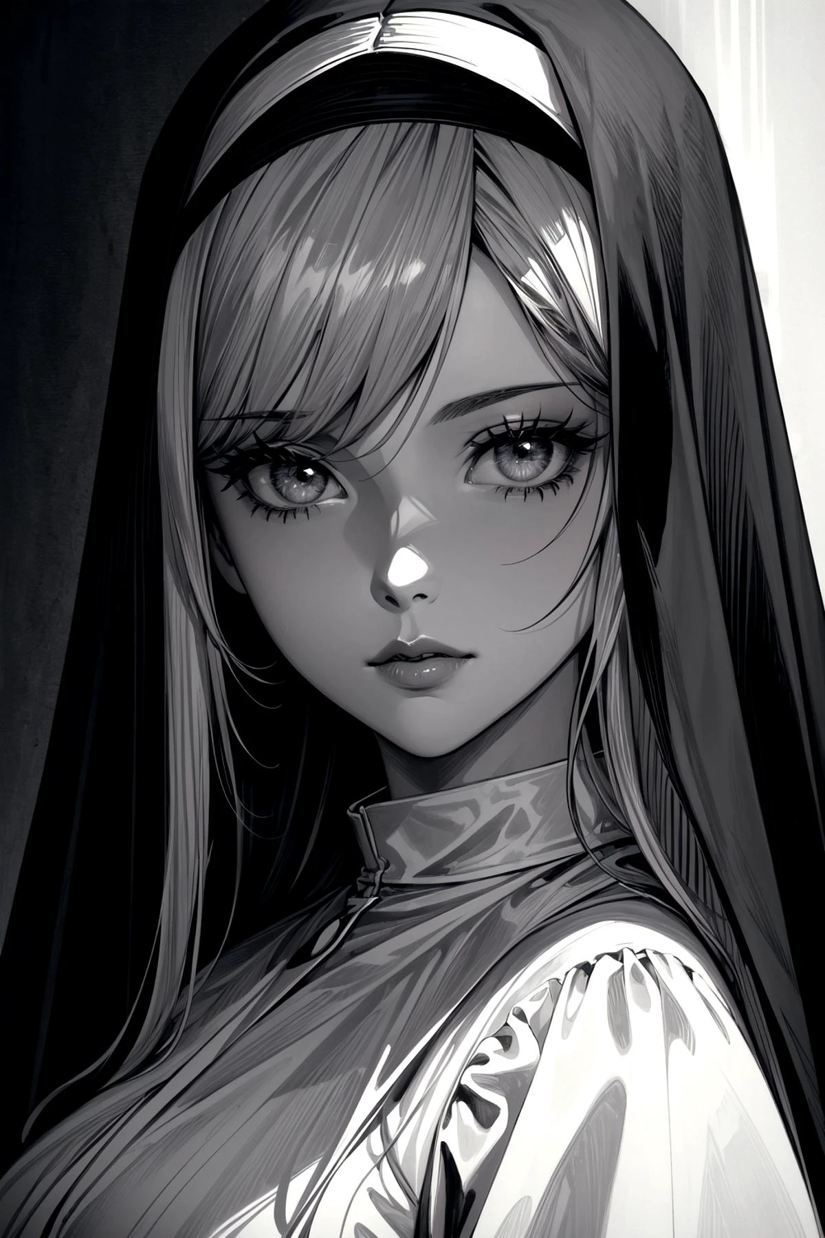 ethereal fantasy concept art of Gothic style Film noir style beautiful young woman,nun,face close up,monroe,Peachy Coral lipstick,iridescent trim,Gray eyes, . Monochrome . Dark . magnificent