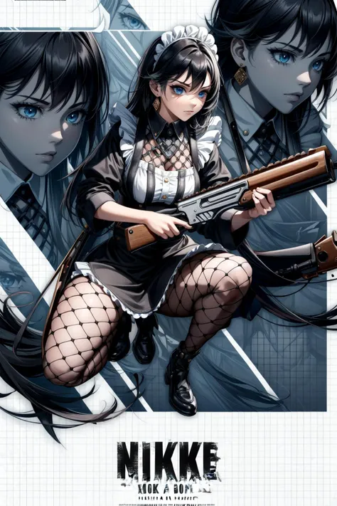 dark-skinned female,[(office lady):(housewife):0.3],[(latex dress):(maid dress):0.3],[(flight attendant):(barista):0.3],fishnets,fishnet pantyhose,blue eyes,earrings,<lora:NikkeProfile:0.9>,IncrsNikkeProfile,full body,zoom layer,holding weapon,holding gun,one knee,
