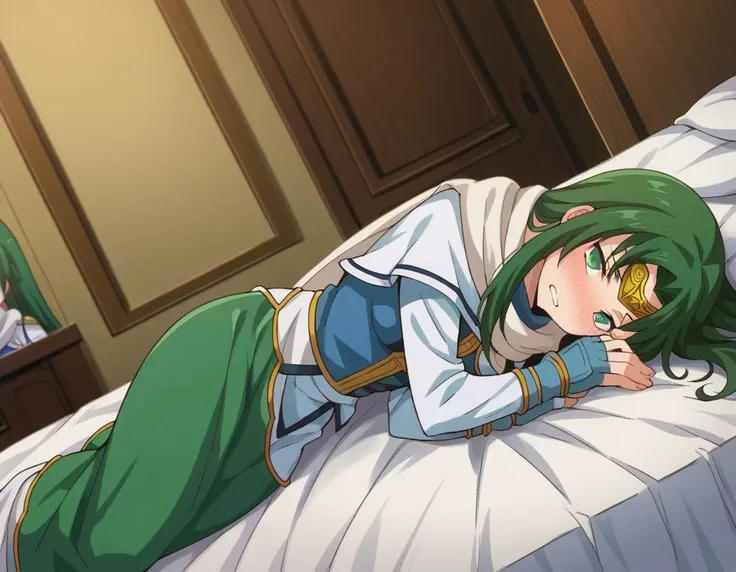 score_9, score_8_up, score_7_up, source_anime,
marisamarilis, <lora:maris-amarilis-ponyxl-lora-nochekaiser:1>
maris amarilis, long hair, green eyes, green hair, circlet,
gloves, fingerless gloves, dress, white dress, capelet, cape, scarf, white scarf, long sleeves,
indoors, bed, bed room, on side, blush, drunk,
looking at viewer, dutch angle, cowboy shot