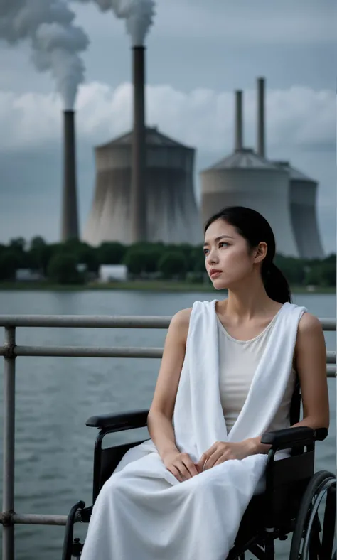 md style, Woman in wheelchair, medical IV pole, cooling towers background, waterfront, overcast sky, desaturated colors, serious expression, young adult, Asian ethnicity, white tank top, covered with blanket, outdoor setting, dramatic mood, focused subject, bleak atmosphere, high contrast, depth of field, cinematic lighting, healthcare theme, potential narrative element.