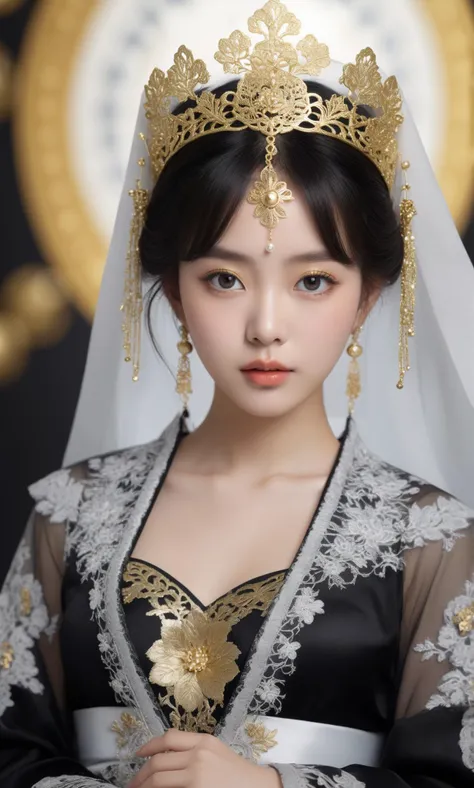 1girl,solo,BIG EYES,Masterpiece,Best Quality,Ultra High Resolution,Beautiful,Visually Stunning,Elegant,Incredible Detail,Realistic,Bangs,((((melt)))),(((((black and white melt))))),(((wear Black and white Taoist robes))),((((gold and silver lace)))),(((gold and silver lace lace))),(((flowing ((black)) and white background))),extremely detailed gorgeous tiara,