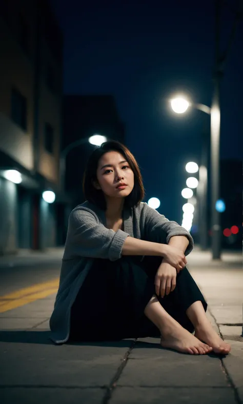 md style,Asian female, adult,sitting on ground,urban night setting,streetlight,dark tone,moody atmosphere,quilt wrapped around,vulnerability,desolation,loneliness,contemplative expression,despair,minimalist clothing,knees drawn up,barefoot,gritty texture,cinematic style,shallow depth of field,out-of-focus background lights.,