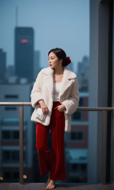md style,asian woman,balcony,cityscape,dusk,fur coat,red pants,bouquet,barefoot,contemplative pose,high-rise buildings,ambient lighting,bokeh effect,soft focus,outdoor,overcast,elegance,fashion.,