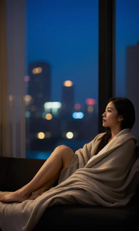 md style,asian woman,reclining,sofa,night,city lights background,indoor,blanket,casual attire,relaxed pose,barefoot,young adult,side profile,contemplative expression,bokeh,low light,cinematic lighting,modern apartment,window,urban setting,moody atmosphere,