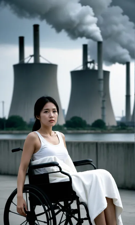 md style,Woman in wheelchair,medical IV pole,cooling towers background,waterfront,overcast sky,desaturated colors,serious expression,young adult,Asian ethnicity,white tank top,covered with blanket,outdoor setting,dramatic mood,focused subject,bleak atmosphere,high contrast,depth of field,cinematic lighting,healthcare theme,potential narrative element.,