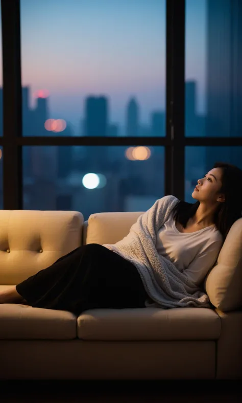 md style,asian woman,reclining,sofa,night,city lights background,indoor,blanket,casual attire,relaxed pose,barefoot,young adult,side profile,contemplative expression,bokeh,low light,cinematic lighting,modern apartment,window,urban setting,moody atmosphere,