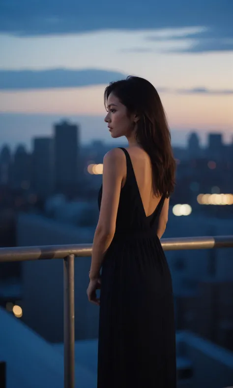 md style,woman,evening sky,silhouette,dusk,city backdrop,moody atmosphere,side profile,contemplative expression,long hair,sleeveless dress,standing pose,soft focus,low light,blue tones,urban skyline,twilight,minimalistic,natural light,serene,rooftops,