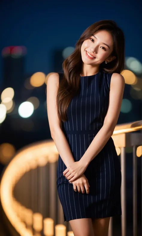 md style, woman, Asian ethnicity, evening outdoor setting, city lights bokeh background, sleeveless pinstripe dress, fashion, standing pose, railing lean, elegant, long hair, youthful, smiling, makeup, urban, nighttime, street style, soft focus, warm color tone, shallow depth of field, high resolution, portrait orientation