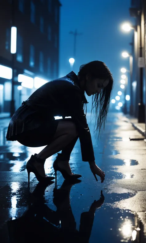 md style, night, rain, woman, silhouette, backlight, urban, moody, wet surface, reflection, high heels, squatting pose, water droplets, street lights, bokeh, dark tones, mysterious atmosphere, anonymous, wet hair, city scene, dramatic lighting, blue tone, cinematic.