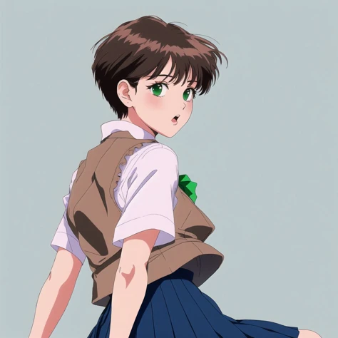 <lora:retro3:1>, muted pastel colors, retro anime, 1990s anime, 1980s anime, brush strokes,
1girl, bangs, bent over, black footwear, blue skirt, blue socks, blush, breasts, brown hair, brown vest, collared shirt, green eyes, grey background, looking at viewer, looking back, looking through legs, medium breasts, open mouth, pleated skirt, shirt, shoes, short hair, simple background, skirt, sleeves rolled up, socks, solo, standing, upside-down, vest, white shirt