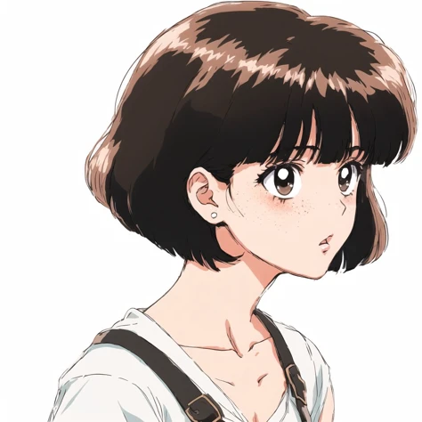 <lora:retro3:1>, muted pastel colors, retro anime, 1990s anime, 1980s anime, brush strokes,
solo, 1girl, masterpiece, best quality, black hair, (white camisole), brown eyes, bob cut, blunt bangs, brown eyes, blush, black hair, steaming, (freckles:0.8), collarbone, exposed shoulders, small breasts, empty background, white background, :o, confused, (?)