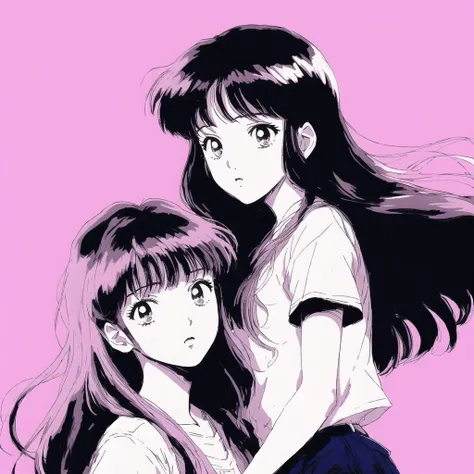 <lora:retro3:1>, muted pastel colors, retro anime, 1990s anime, 1980s anime, brush strokes, 

 2girls, comic, long hair, monochrome, multiple girls, simple background, yuri