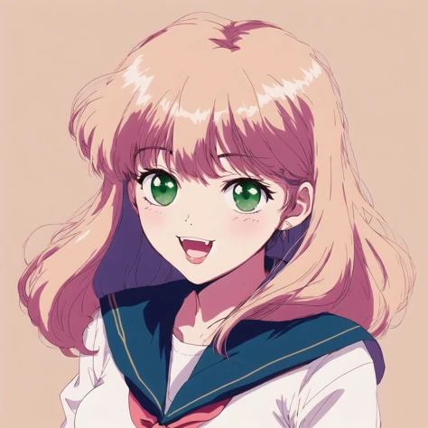 <lora:retro3:1>, muted pastel colors, retro anime, 1990s anime, 1980s anime, brush strokes,
1girl, :d, bangs, beige sweater, blue sailor collar, breasts, fang, green eyes, large breasts, looking at viewer, medium breasts, neckerchief, open mouth, sailor collar, sidelocks, skin fang, sleeves past wrists, smile, solo, thick eyebrows, white background, white neckerchief