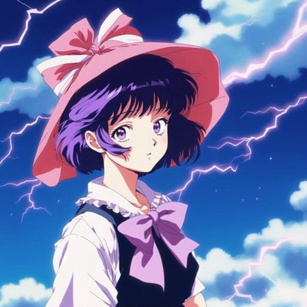 <lora:retro3:1>, muted pastel colors, retro anime, 1990s anime, 1980s anime, brush strokes,
1girl, bow, dress, female focus, frills, hat, lightning, purple hair, red eyes, ribbon, shawl, short hair, solo