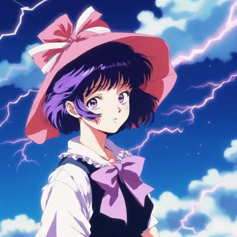 <lora:retro3:1>, muted pastel colors, retro anime, 1990s anime, 1980s anime, brush strokes, 

1girl, bow, dress, female focus, frills, hat, lightning, purple hair, red eyes, ribbon, shawl, short hair, solo