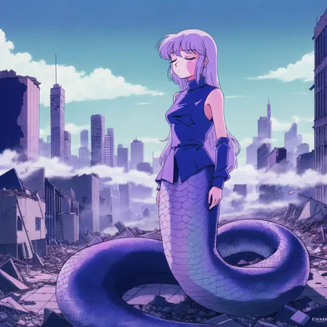 <lora:retro3:1>, muted pastel colors, retro anime, 1990s anime, 1980s anime, brush strokes,
<lora:lamia-2_lamia-3__lamia-lamia-1--retro_ham_avas_jun_rifl--08-02:1.0>, (lamia:1.0), scales, full body, expressionless, empty eyes, post-apocalypse, crumbling city on background, portrait