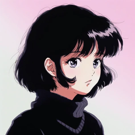 <lora:retro3:1>, muted pastel colors, retro anime, 1990s anime, 1980s anime, brush strokes,
masterpiece, best quality, 1girl, solo, black eyes, black hair, black sweater, bob cut, closed mouth, medium hair, simple background