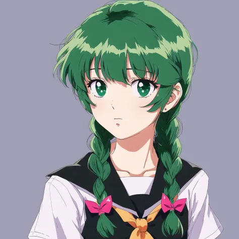 <lora:retro3:1>, muted pastel colors, retro anime, 1990s anime, 1980s anime, brush strokes,
1girl, bangs, black gloves, black ribbon, black serafuku, blue eyes, braid, elbow gloves, gloves, green hair, green neckerchief, hair between eyes, hair flaps, hair ribbon, neckerchief, parted bangs, ponytail, ribbon, school uniform, serafuku, side braids, sidelocks, solo, twin braids, upper body, wrist cuffs