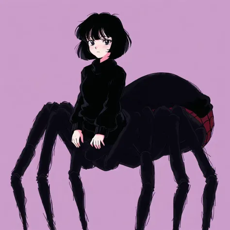 <lora:retro3:1>, muted pastel colors, retro anime, 1990s anime, 1980s anime, brush strokes,
<lora:arachne-1_arachne-2--retro_ham_avas_jun_rifl--09-01:1.0>, (arachne:1.1), full body, masterpiece, best quality, 1girl, solo, black eyes, black hair, black sweater, bob cut, closed mouth, medium hair, simple background