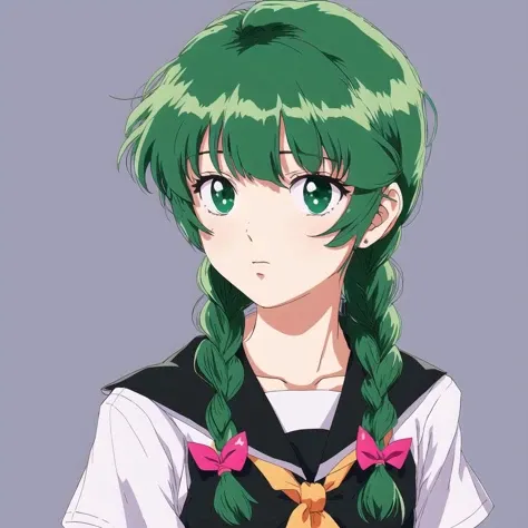 <lora:retro3:1>, muted pastel colors, retro anime, 1990s anime, 1980s anime, brush strokes,
1girl, bangs, black gloves, black ribbon, black serafuku, blue eyes, braid, elbow gloves, gloves, green hair, green neckerchief, hair between eyes, hair flaps, hair ribbon, neckerchief, parted bangs, ponytail, ribbon, school uniform, serafuku, side braids, sidelocks, solo, twin braids, upper body, wrist cuffs