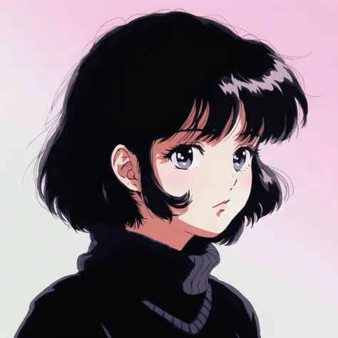 <lora:retro3:1>, muted pastel colors, retro anime, 1990s anime, 1980s anime, brush strokes, 


masterpiece, best quality, 1girl, solo, black eyes, black hair, black sweater, bob cut, closed mouth, medium hair, simple background