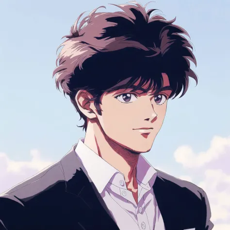 <lora:retro3:1>, muted pastel colors, retro anime, 1990s anime, 1980s anime, brush strokes,
handsome cool anime young man, realistic detailed semirealism handsome 25 year old slim man with flowing messy hair dressed in formal attire, happy go lucky expression