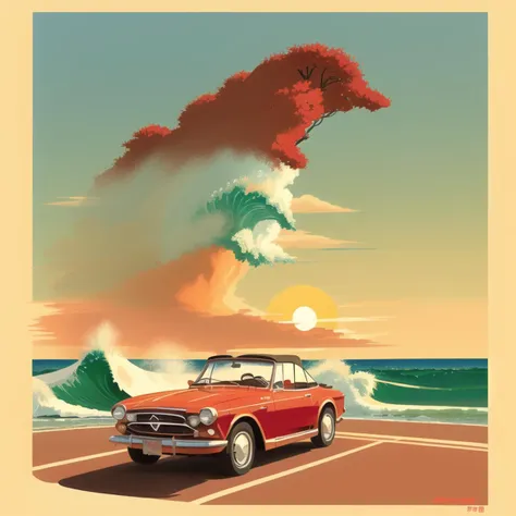 Hiroshi Nagai style art, an old fashioned red convertible on a sea side road, sunset, big waves, grass, simple drawing, (simple color pallet and drawn 2.5D)
