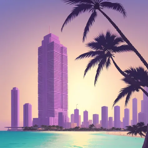 Hiroshi Nagai style art, skyscrapers, palm trees, purple colored sky, ocean, simple drawing, (simple color pallet and drawn 2.5D)