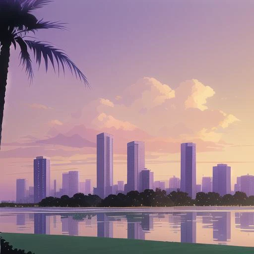 Hiroshi Nagai style art, skyscrapers, hedges, palm trees, purple sky,