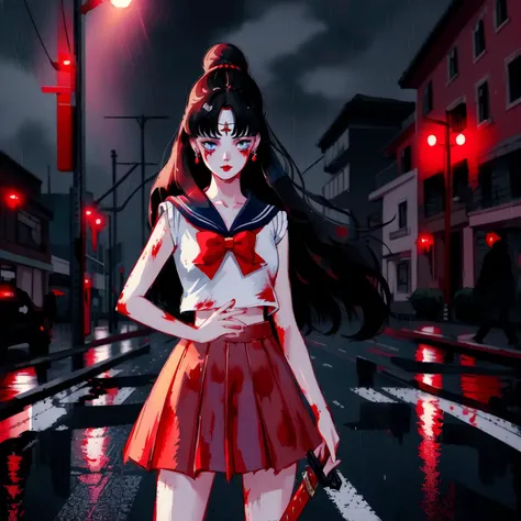 sailor moon style, a girl standing in the middle of the street wearing bloodstained clothing, it is rainy and dark, spotlight, lots of blood, holding bloody sword, blood everywhere