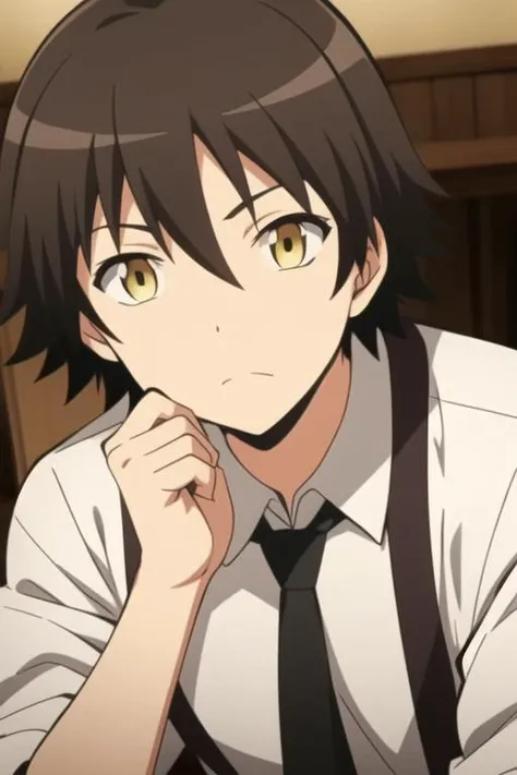 masterpiece, best quality, high quality, 1boy, solo, male focus, looking at viewer, upper body, <lora:isogai_yuuma:0.82>, isogai_yuuma, brown hair, yellow eyes, school uniform,