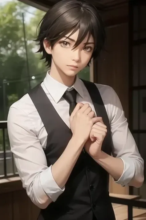 masterpiece, best quality, high quality, 1boy, solo, male focus, looking at viewer, upper body, <lora:isogai_yuuma:0.70>, isogai_yuuma, black hair, brown eyes, school uniform,