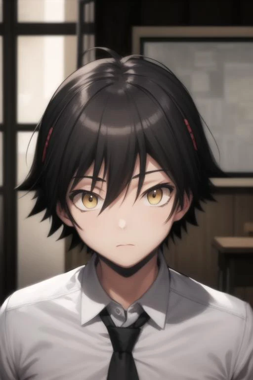 masterpiece, best quality, high quality, 1boy, solo, male focus, looking at viewer, upper body, <lora:isogai_yuuma:0.80>, isogai_yuuma, black hair, yellow eyes, school uniform, necktie