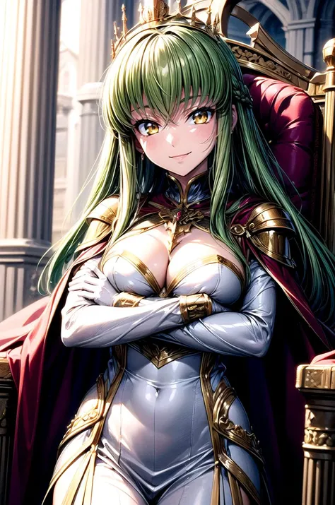(masterpiece, best quality, detailed), 1girl, solo, looking at viewer, c.c., yellow eyes, green hair, long hair, bangs, medium breasts,
king, cape, fur-trimmed cape, armor, gold, crown, gem, jewelry, white gloves, indoors, throne room, throne, pillar, banner, gold, stone wall, crossed arms, breast hold, arms under breasts, smug, smile, closed mouth