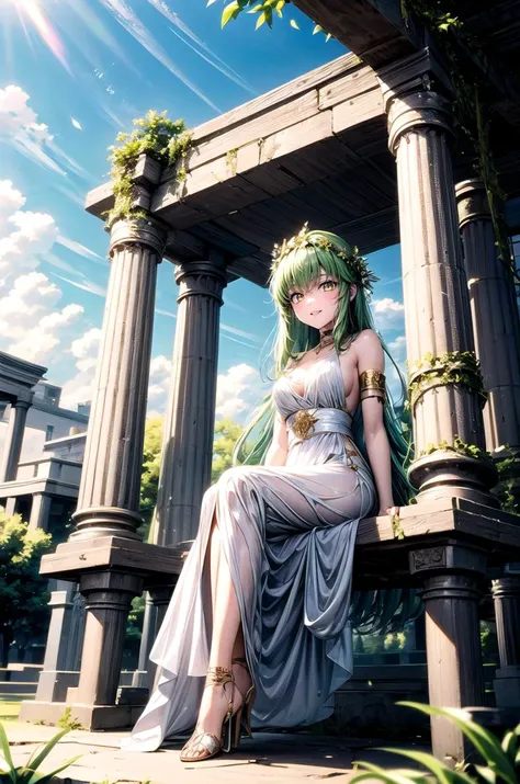 (masterpiece, best quality, detailed), 1girl, solo, looking at viewer, c.c., yellow eyes, green hair, long hair, bangs, medium breasts,
<lora:GreekClothes:1>, greek clothes, peplos, laurel crown, armlet, see-through, arch, pillar, column, architecture, overgrown, vines, blue sky, wedding, sitting on bench, on bench, bench, sitting, full body, smile, parted lips