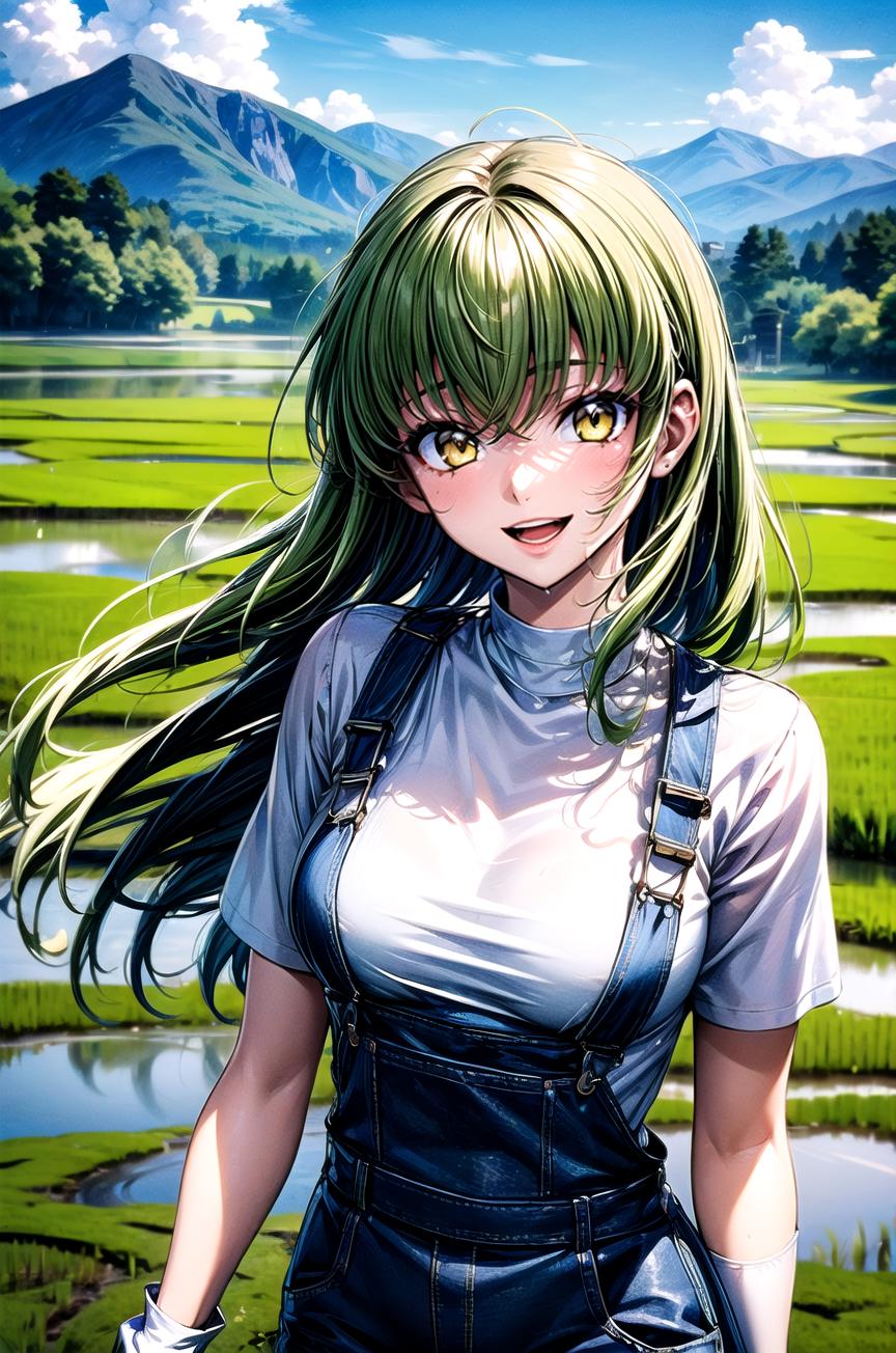 Anime girl with green hair and green eyes standing in front of a river ...