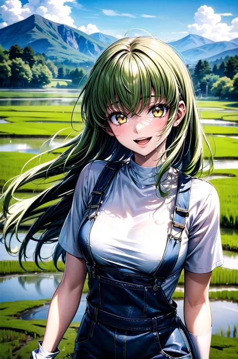 Anime girl with green hair and green eyes standing in front of a river ...