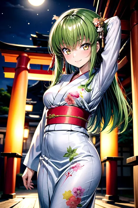(masterpiece, best quality, detailed), 1girl, solo, looking at viewer, c.c., yellow eyes, green hair, long hair, bangs, medium breasts,
yukata, kimono, obi, print kimono, japanese clothes, outdoors, night, torii, shrine, east asian architecture, arms behind head, smile, closed mouth
