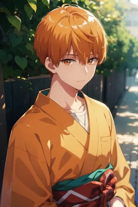 masterpiece, best quality, , 1boy, solo, male focus, looking at viewer, upper body, depth of field, <lora:tsukasa_kazuki:0.74>, tsukasa_kazuki, orange hair, orange eyes, yukata,