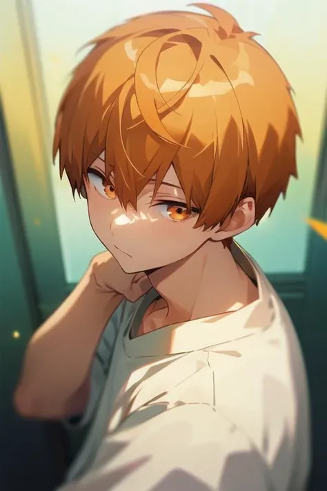 masterpiece, best quality, , 1boy, solo, male focus, looking at viewer, , depth of field, <lora:tsukasa_kazuki:0.70>, tsukasa_kazuki, orange hair, orange eyes, shirt,