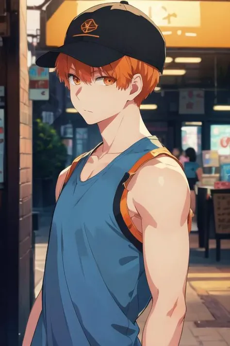 masterpiece, best quality, illustration, 1boy, solo, male focus, looking at viewer, upper body, depth of field, <lora:tsukasa_kazuki:0.66>, tsukasa_kazuki, orange hair, orange eyes, tank top, hat